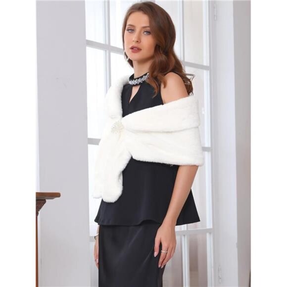 Women's Faux Fur Shawl Wrap Cape White - Picture 2 of 5